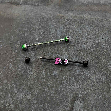 14G Black Halloween Pink Boo Green Industrial Barbell 38mm Set of 2