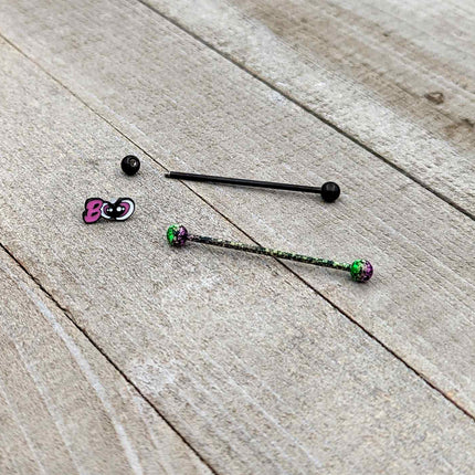 14G Black Halloween Pink Boo Green Industrial Barbell 38mm Set of 2