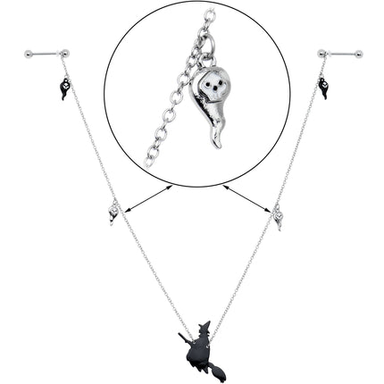 14G 9/16 Creepy Ghosts Witch Halloween Dangle Nipple Chain Set