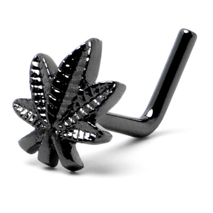 20G 1/4 Black Texture Pot Leaf L Shape Nose Ring