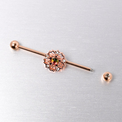 14G Dark Aurora Gem Rose Gold Tone Flower Industrial Barbell 38mm