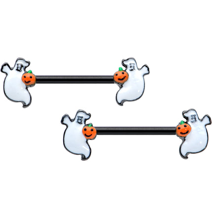 14G 9/16 Black Halloween Pumpkin Ghost Barbell Nipple Ring Set