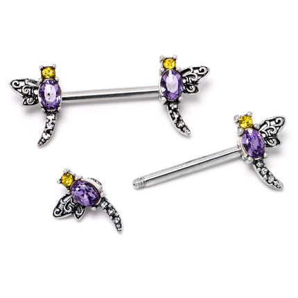 14G 9/16 Purple Yellow Gem Dragonfly Barbell Nipple Ring Set