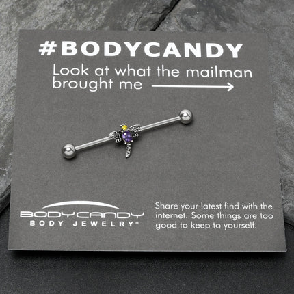 14G Purple Yellow Gem Dragonfly Industrial Barbell 38mm