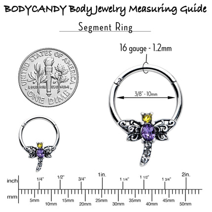 16G 3/8 Purple Yellow Gem Dragonfly Hinged Segment Ring