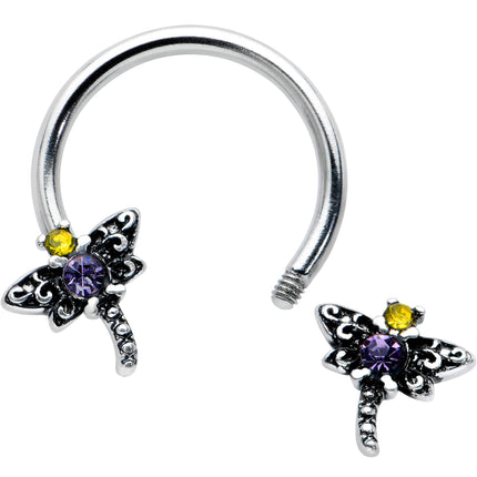 16G 3/8 Purple Yellow Gem Dragonfly Horseshoe Circular Barbell
