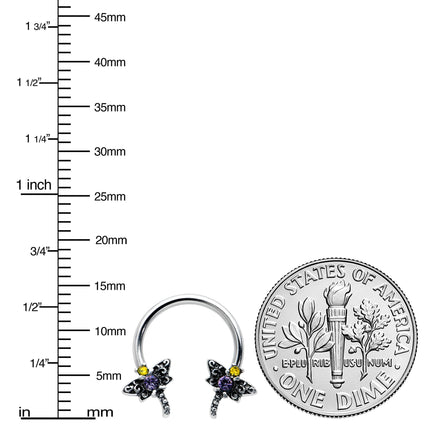 16G 3/8 Purple Yellow Gem Dragonfly Horseshoe Circular Barbell