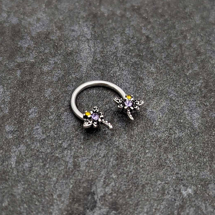 16G 3/8 Purple Yellow Gem Dragonfly Horseshoe Circular Barbell