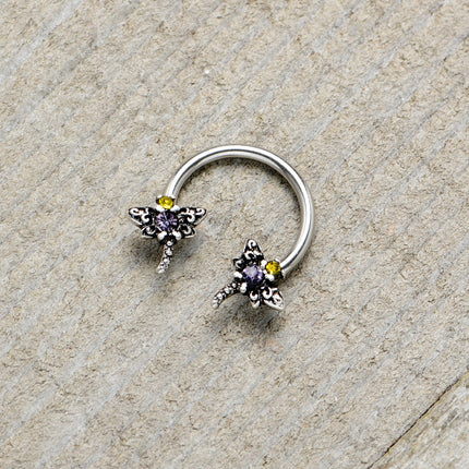 16G 3/8 Purple Yellow Gem Dragonfly Horseshoe Circular Barbell