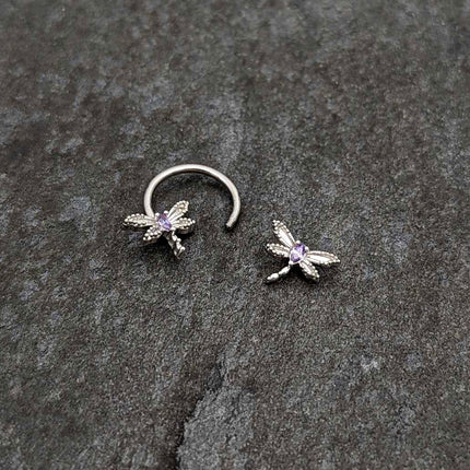 16G 3/8 Purple CZ Gem Open Dragonfly Horseshoe Circular Barbell