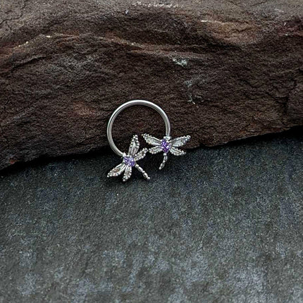 16G 3/8 Purple CZ Gem Open Dragonfly Horseshoe Circular Barbell