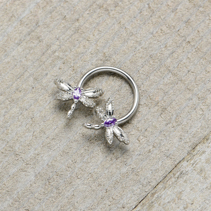 16G 3/8 Purple CZ Gem Open Dragonfly Horseshoe Circular Barbell