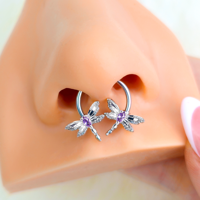 16G 3/8 Purple CZ Gem Open Dragonfly Horseshoe Circular Barbell