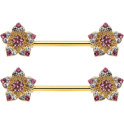 14G 9/16 Pink Gem Gold Tone Texture Star Barbell Nipple Ring Set