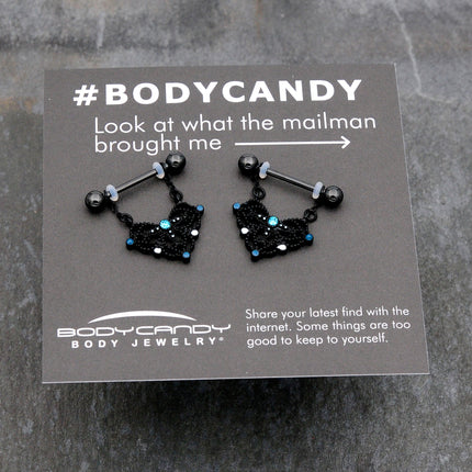 14G 9/16 Blue Gem Black Lacy Rhombus Dangle Nipple Ring Set