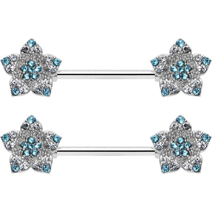 14G 9/16 Blue Clear Gem Opulent Flowers Barbell Nipple Ring Set