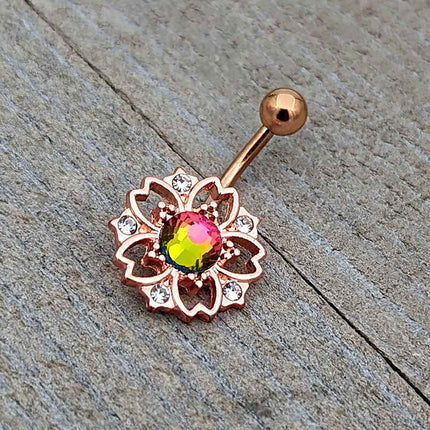 Dark Aurora Gem Rose Gold Tone Filigree Flower Belly Ring