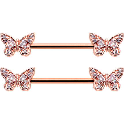 14G 9/16 Clear Gem Rosy Tone Baroque Butterfly Nipple Ring Set