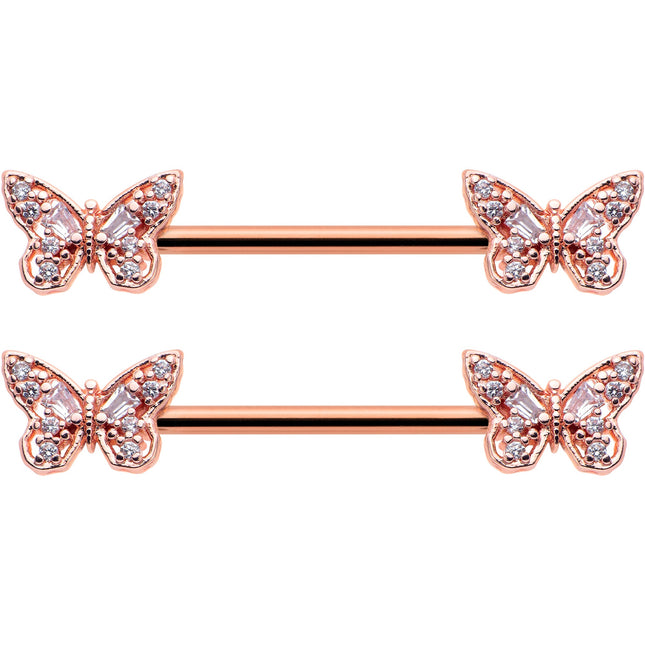 14G 9/16 Clear Gem Rosy Tone Baroque Butterfly Nipple Ring Set