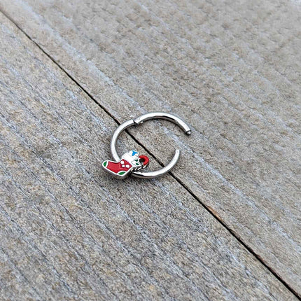 16G 3/8 Happy Christmas Stocking Red Green Hinged Segment Ring
