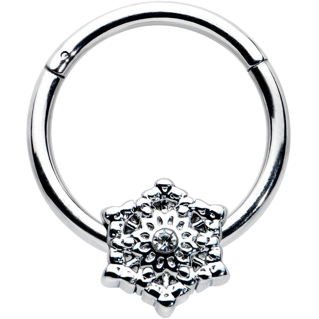 16G 3/8 Clear Gem Filigree Winter Snowflake Hinged Segment Ring