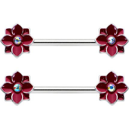 14G 9/16 Aurora Gem Poinsettia Flower Barbell Nipple Ring Set