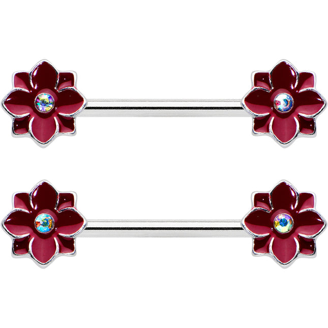 14G 9/16 Aurora Gem Poinsettia Flower Barbell Nipple Ring Set