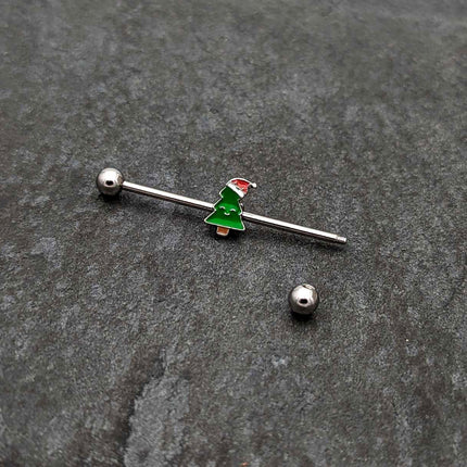 14G Happy Christmas Tree Hat Holiday Industrial Barbell 38mm