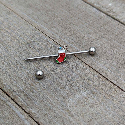 14G Happy Christmas Stocking Red Green Industrial Barbell 38mm