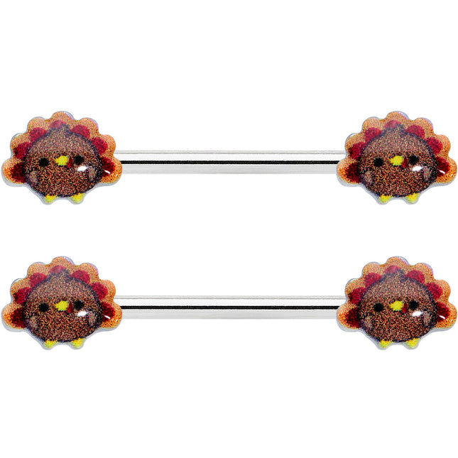 14G 9/16 Cute Colorful Turkeys Barbell Nipple Ring Set