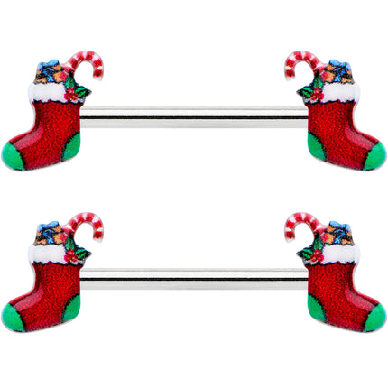 14G 9/16 Cheery Christmas Stocking Red Barbell Nipple Ring Set