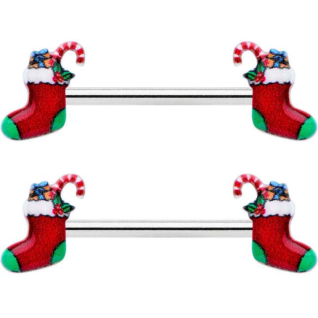 14G 9/16 Cheery Christmas Stocking Red Barbell Nipple Ring Set