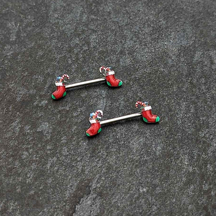 14G 9/16 Cheery Christmas Stocking Red Barbell Nipple Ring Set