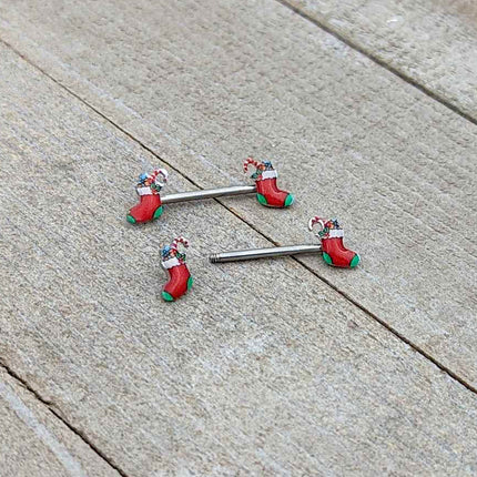 14G 9/16 Cheery Christmas Stocking Red Barbell Nipple Ring Set