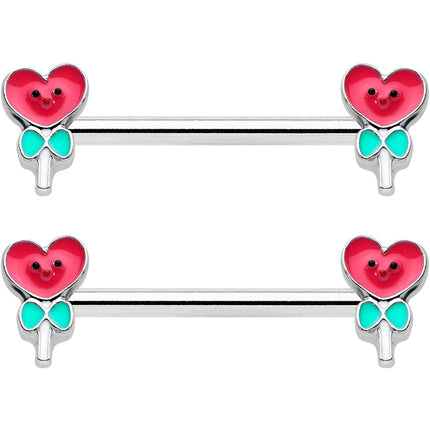 14G 9/16 Sweet Happy Heart Lollipop Barbell Nipple Ring Set