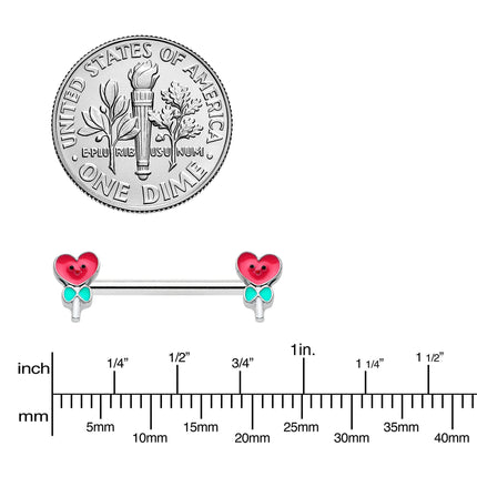 14G 9/16 Sweet Happy Heart Lollipop Barbell Nipple Ring Set