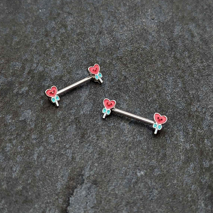 14G 9/16 Sweet Happy Heart Lollipop Barbell Nipple Ring Set