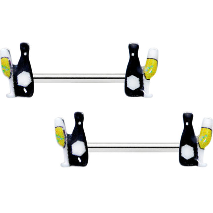 14G 9/16 Champagne Bottle Flute Yellow Barbell Nipple Ring Set
