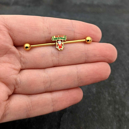 14G Gold Hue Merry Christmas Santa Inlaid Industrial Barbell 38mm