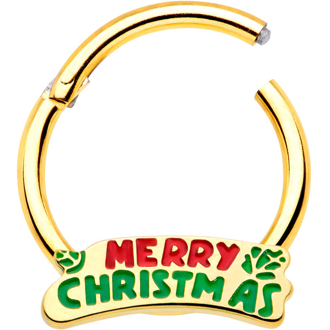16G 3/8 Gold Tone Merry Christmas Inlay Hinged Segment Ring