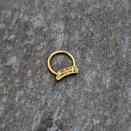 16G 3/8 Gold Tone Merry Christmas Inlay Hinged Segment Ring