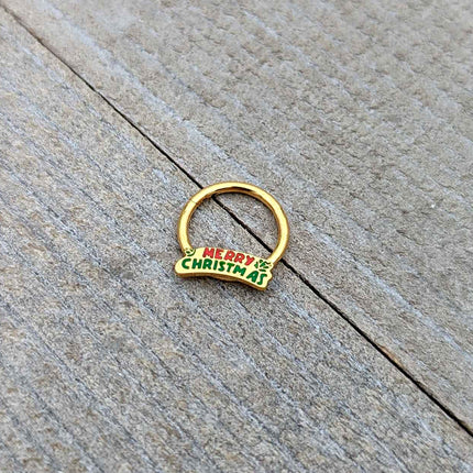 16G 3/8 Gold Tone Merry Christmas Inlay Hinged Segment Ring