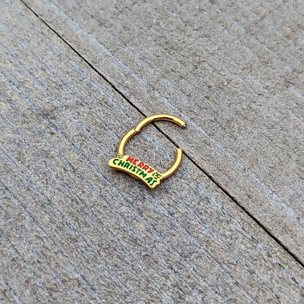 16G 3/8 Gold Tone Merry Christmas Inlay Hinged Segment Ring