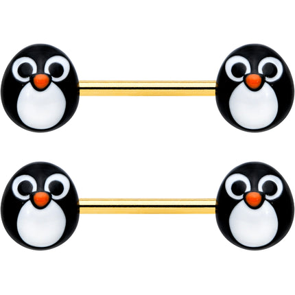 14G 9/16 Gold Tone Round Penguin Face Barbell Nipple Ring Set