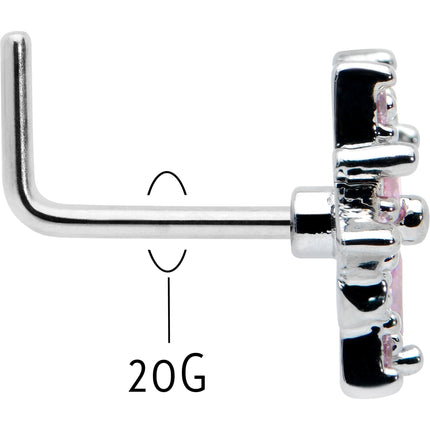 20G 7mm Pink Clear CZ Gem Snowflake L Shape Nose Ring