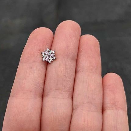 20G 7mm Pink Clear CZ Gem Snowflake L Shape Nose Ring