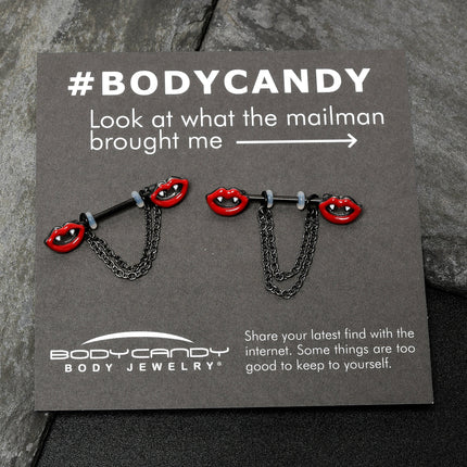 14G 11/16 Black Vampire Fangs Chain Dangle Nipple Ring Set
