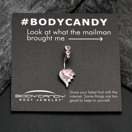 Pink CZ Gem Triple Drop Flare Heart Valentine Double Mount Belly Ring