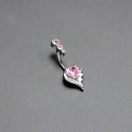 Pink CZ Gem Triple Drop Flare Heart Valentine Double Mount Belly Ring
