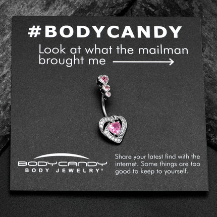 Pink CZ Gem Triple Drop Swirl Heart Valentine Double Mount Belly Ring